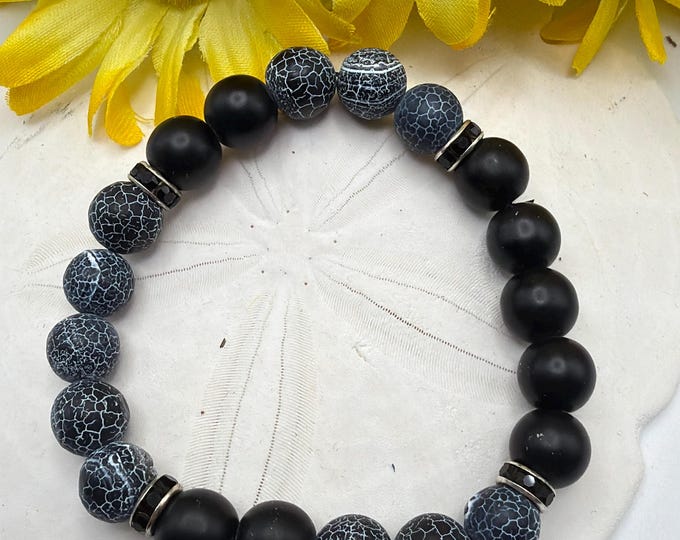 Natural Stone Black Crackled Agate Bracelet