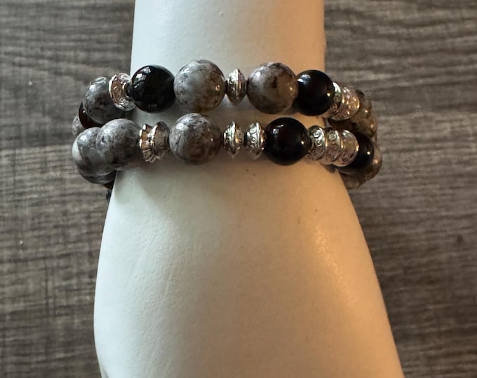 Feldspar and Black Agate Stretch bracelet | Bless Your Heart - Morse Code | Message in a Bracelet | Beaded Bracelet | Quote Bracelet