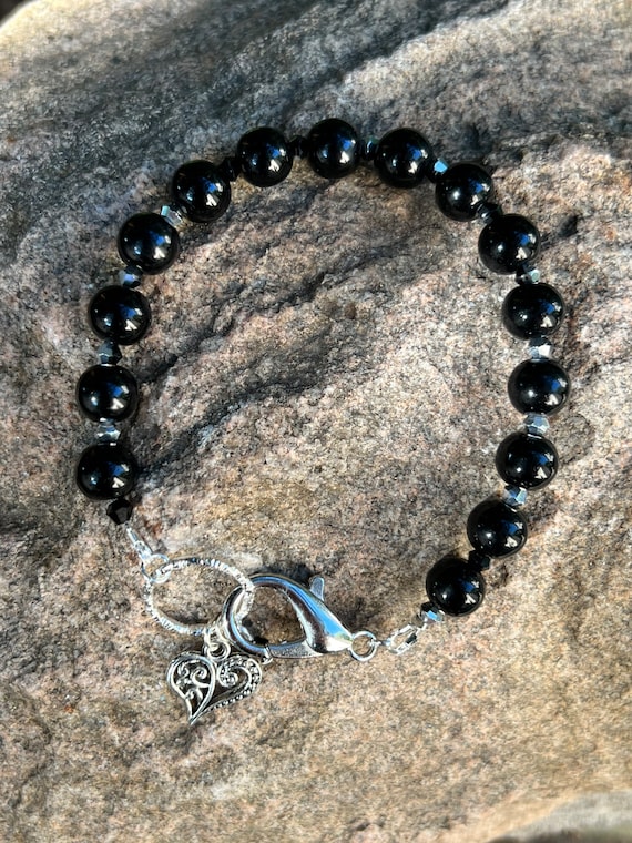 Black Bead and Heart Charm Bracelet