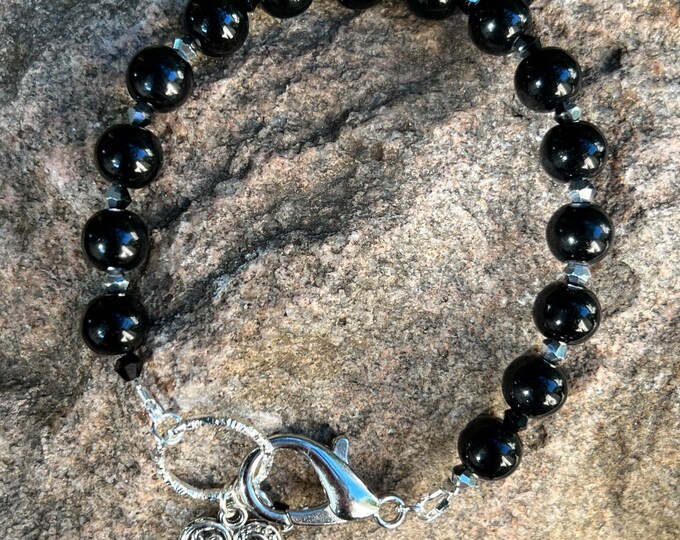 Black Bead and Heart Charm Bracelet