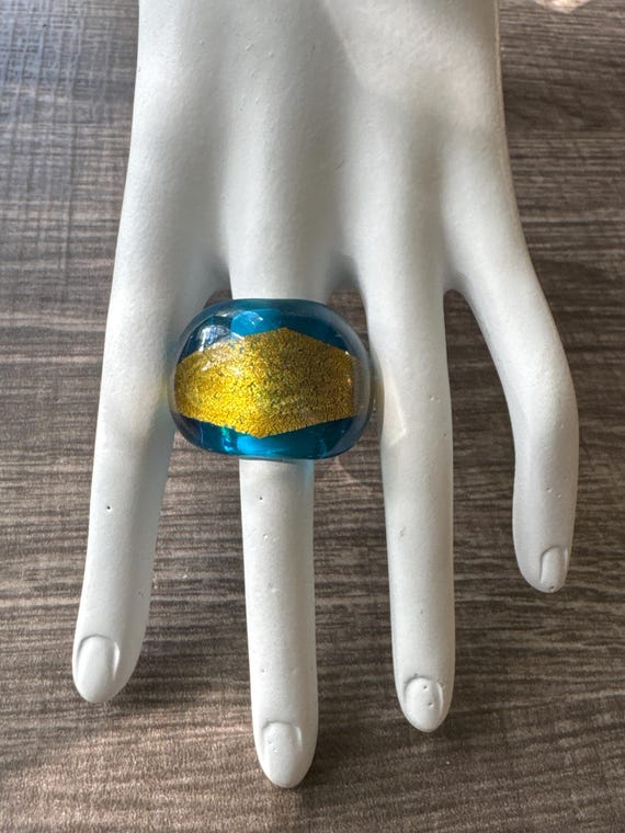 Blue/Gold Murano Glass Lampwork Ring - 5 1/4