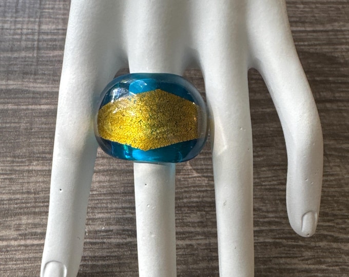 Blue/Gold Murano Glass Lampwork Ring - 5 1/4