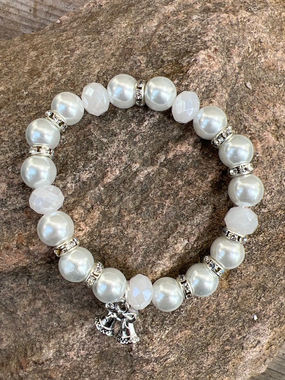 White Pearl Bead & Rhinestone Bracelet with Christmas Bells Charm