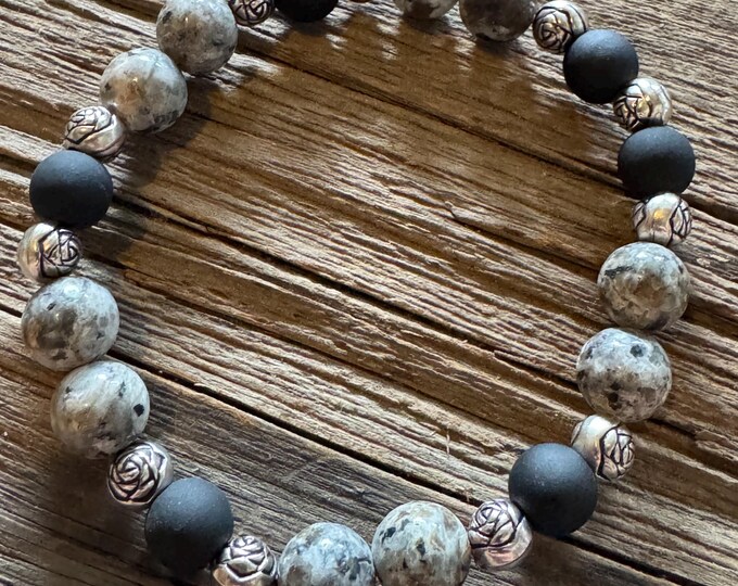 Gray feldspar gemstones | Black matte rounds | Stretch Bracelet