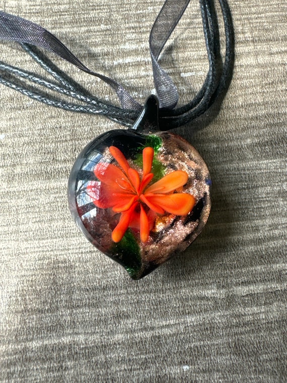 Orange Flower Murano Glass Heart Pendant Necklace**