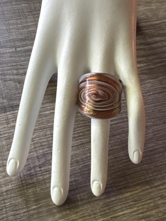 Gold Black/White Swirl Design Murano Glass Ring - Size 8 1/4