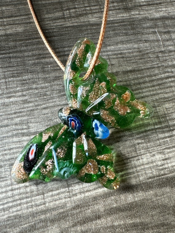 Green Millefiori Butterfly | Glass Butterfly Pendant Necklace