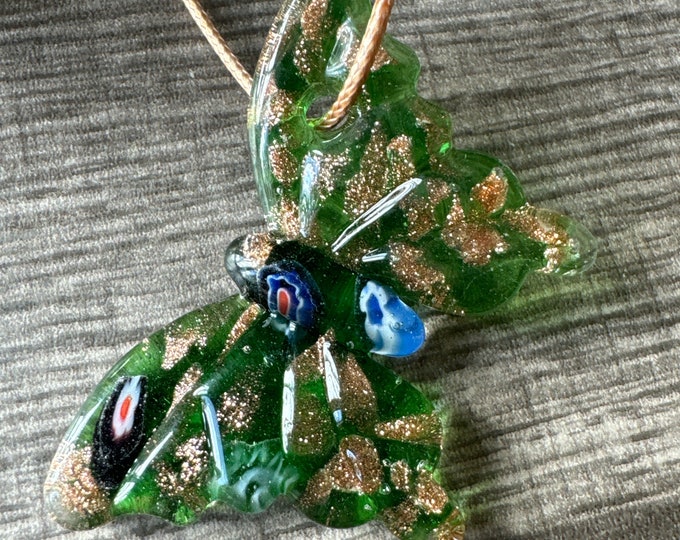 Green Millefiori Butterfly | Glass Butterfly Pendant Necklace