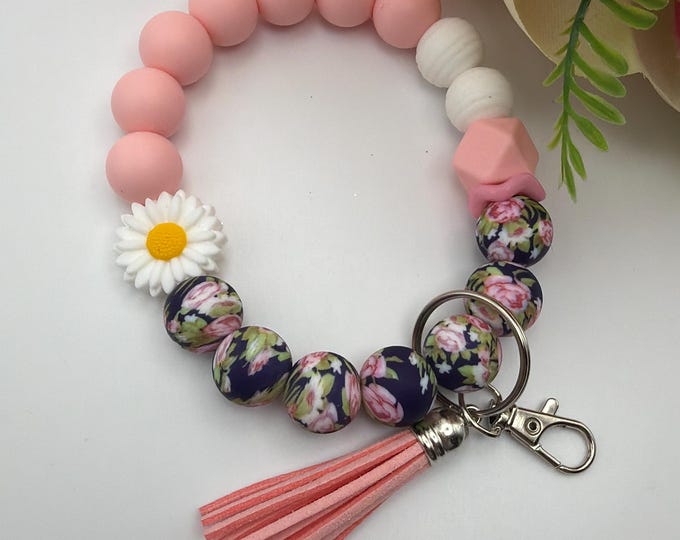 Floral Print Wristlet/Keychain | Pink Bead Wristlet/Keychain