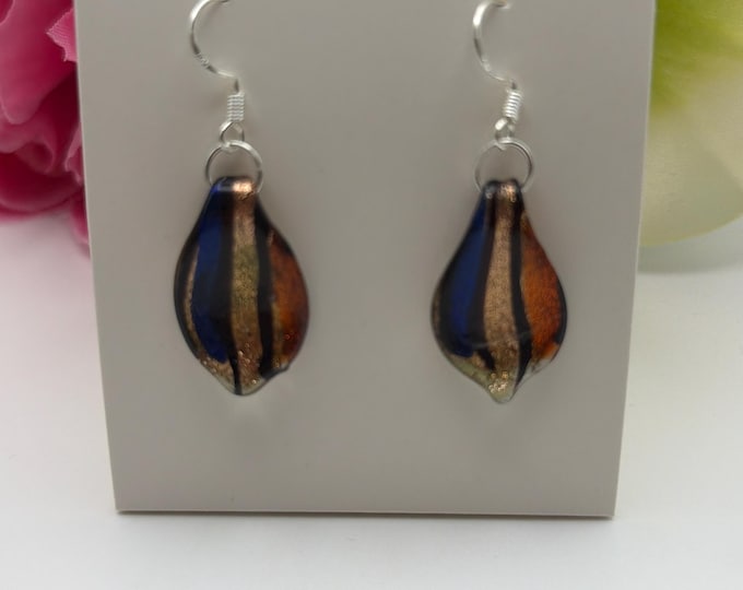 Blue/Gold/Orange Glass Leaf Earrings | Murano Inspired Glass Leaf Earrings