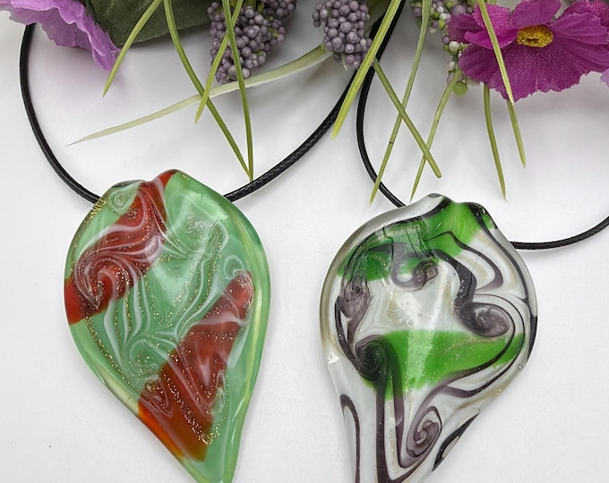 Green/Red/Gold Leaf Pendant | Murano Inspired Glass Leaf | Leaf Pendant Necklace