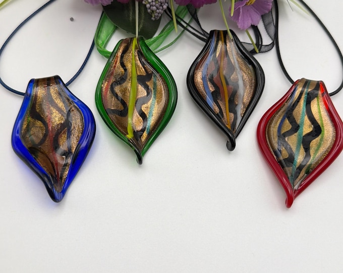 Murano Inspired Glass Leaf Pendant Necklace | Glass Leaf Pendant Necklace | Lampwork Glass Leaf Pendant