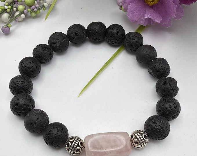 Rose Quartz & Lava Bead Bracelet | Rose Quartz Bracelet | Black Lava Bead Bracelet