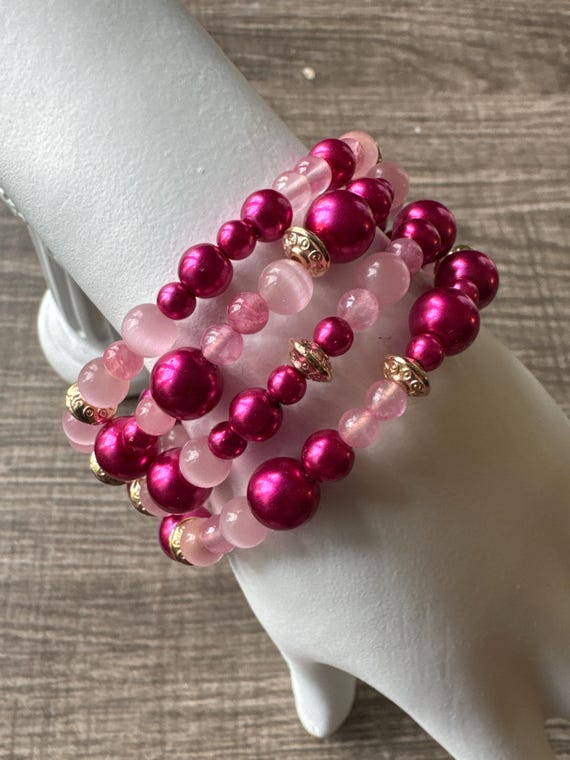 Pink Tiger Eye and Pink Pearl Bead Memory Wire Bracelet | Pink Memory Wire Bracelet