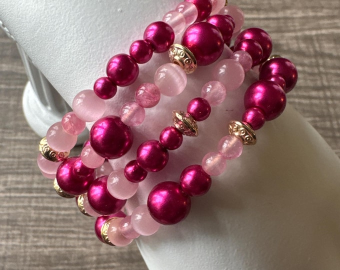 Pink Tiger Eye and Pink Pearl Bead Memory Wire Bracelet | Pink Memory Wire Bracelet