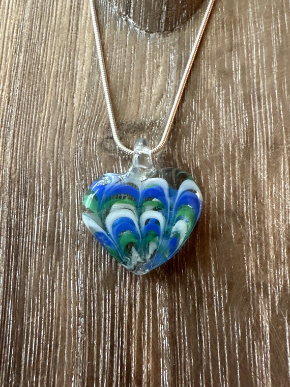 Blue/Green/White Heart Pendant | Lampwork Glass Heart | Heart Pendant Necklace