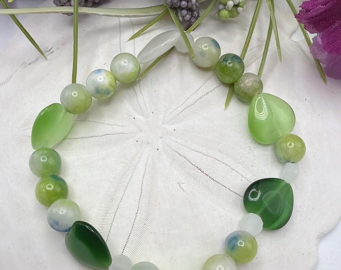 Green Jade bracelet | Cats Eye Gemstones | Stretch Bracelet  | Beaded Bracelet | Morse code Badass | Message in a bracelet | Quote Bracelet
