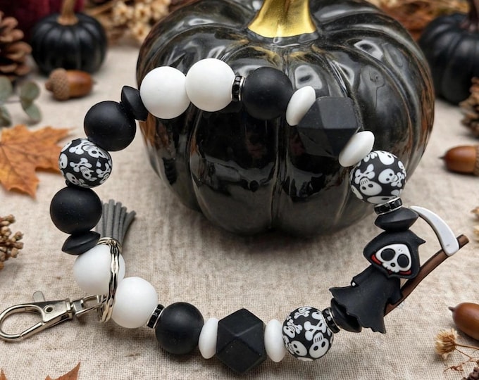 Halloween Wristlet Keychain – Grim Reaper Silicone Bead Wristlet, Spooky Skull Key Ring, Fall Gift