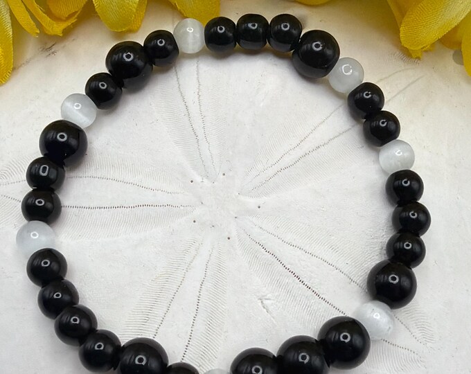 Black Agate and Moonstone Stretch Bracelet | Support - Morse Code | Message in a Bracelet | Beaded Bracelet | Quote Bracelet