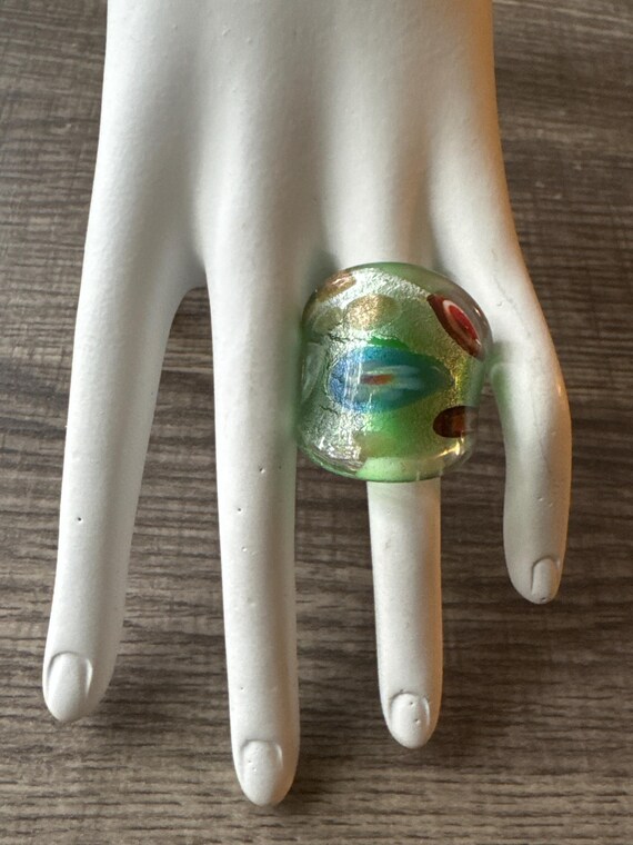 Green Dome Millefiori Flower Statement Glass Ring