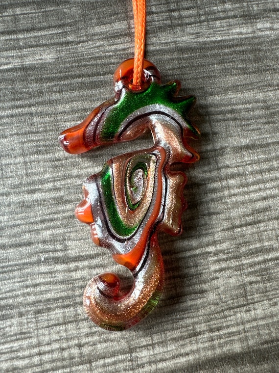 Orange/Green Seahorse Pendant | Murano Glass Seahorse | Seahorse Pendant Necklace