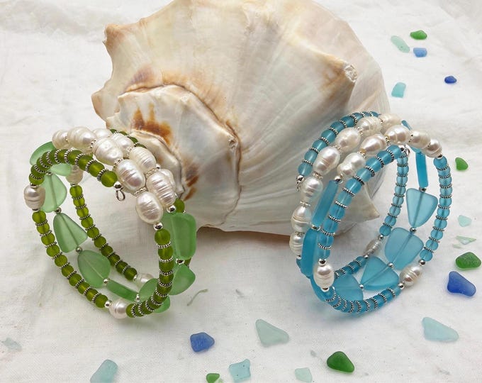 Seaglass Memory Wire Bracelet | Turquoise Blue Seaglass | Peridot Seaglass | Seaglass Bracelet