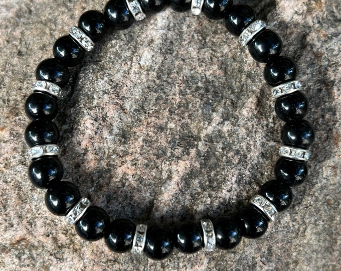 Black Pearl and Rhinestone Stretch Bracelet