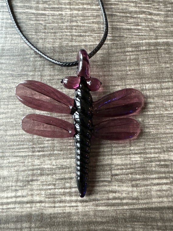 Purple/Black Glass Lampwork Dragonfly Pendant Necklace