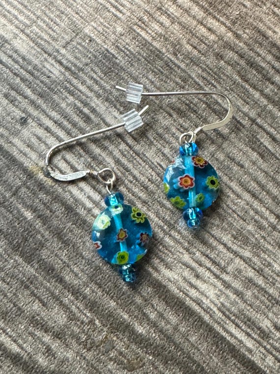 Blue Millefiori Earrings on sterling silver