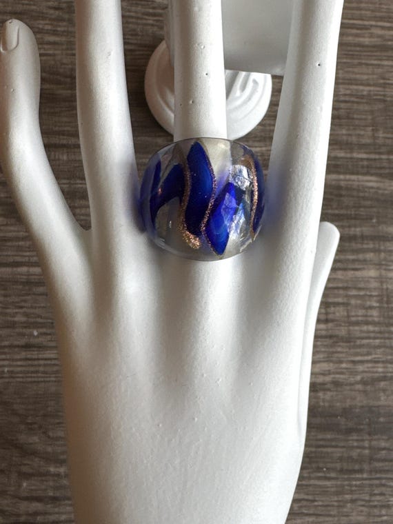 Blue/Clear/Gold Murano Glass Lampwork Ring