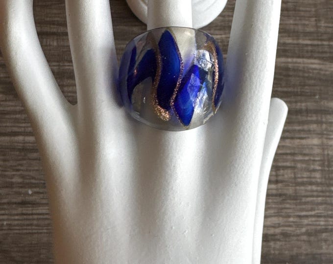 Blue/Clear/Gold Murano Glass Lampwork Ring