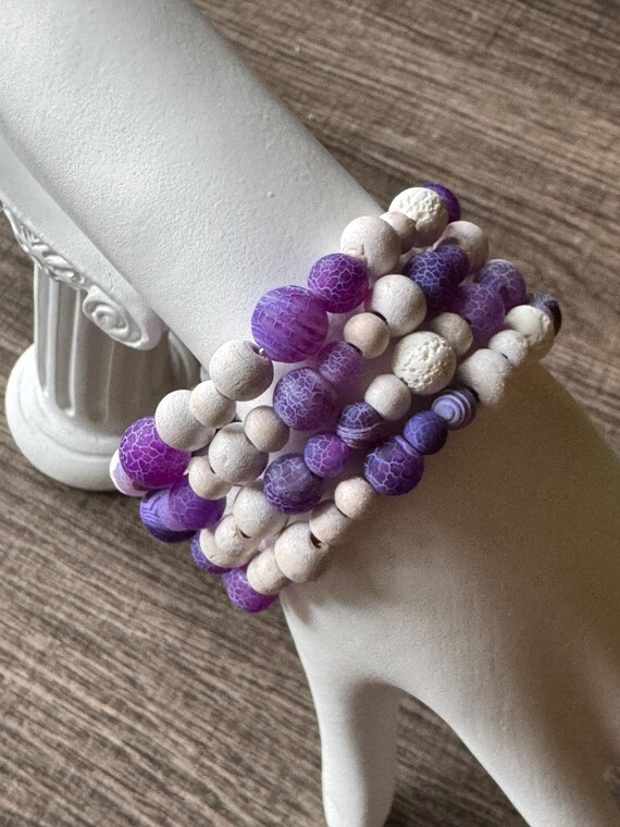 Purple Crackled Glass & Dragon Agate with Lava Bead | Memory Wire Bracelet | Agate Bracelet | Lava Bead Bracelet |