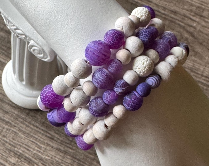 Purple Crackled Glass & Dragon Agate with Lava Bead | Memory Wire Bracelet | Agate Bracelet | Lava Bead Bracelet |