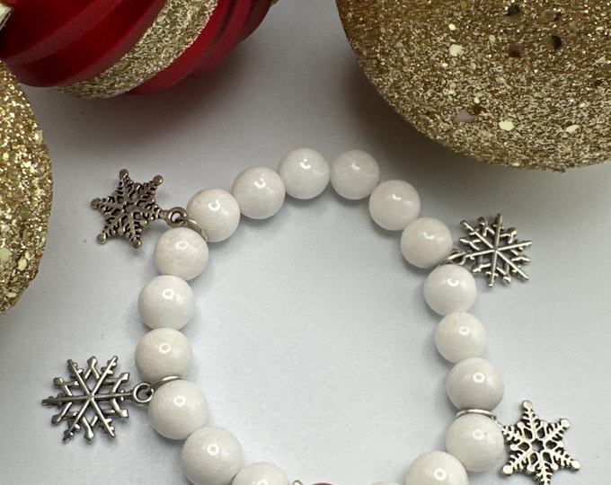 Tibetan Snowflake Charm Bracelet: White & Red Glass Beads