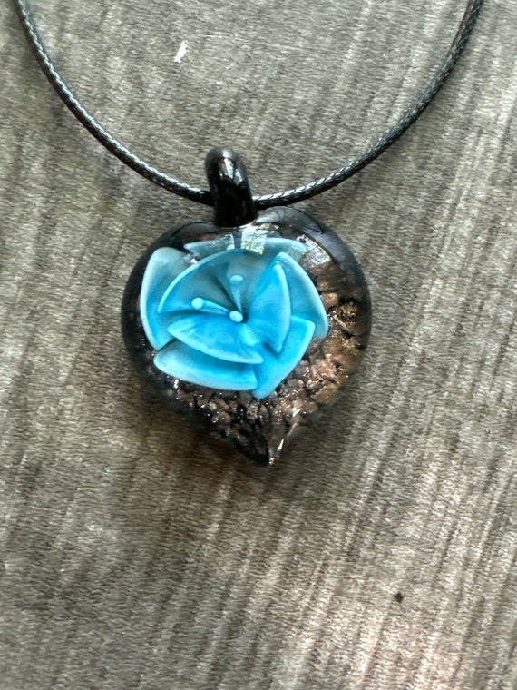 Aqua Blue Flower Heart Pendant | Murano Glass Flower | Heart Flower Pendant Necklace