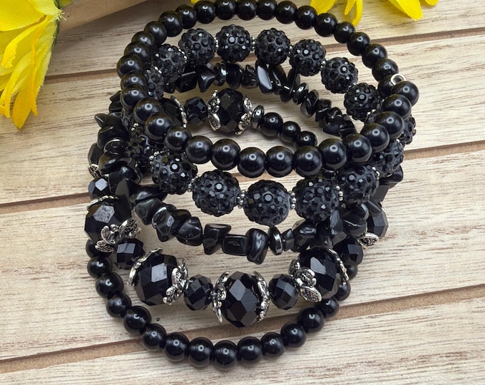 Black Bead Memory Wire Bracelet |  Multi Strand Bracelet | Wrap Bracelet
