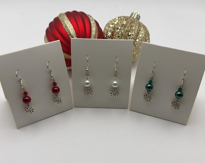 Pearl Bead w/Snowflake Earrings | Christmas Earrings | Stocking Stuffers | Snowflake Earrings