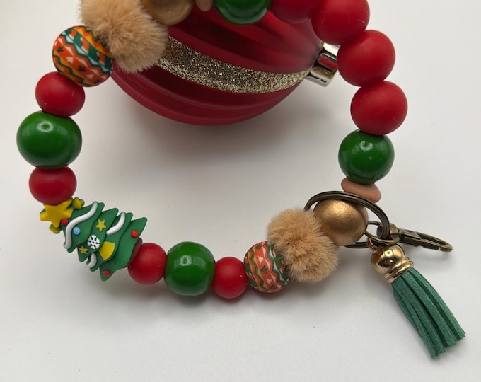 Christmas Tree Silicone Bead Wristlet Keychain | Christmas Wristlet/Keychain