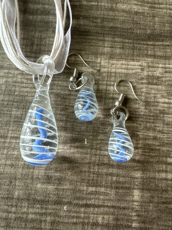 Blue/White Drop Pendant Set | Glass Dangle Pendant Necklace & Earring Set