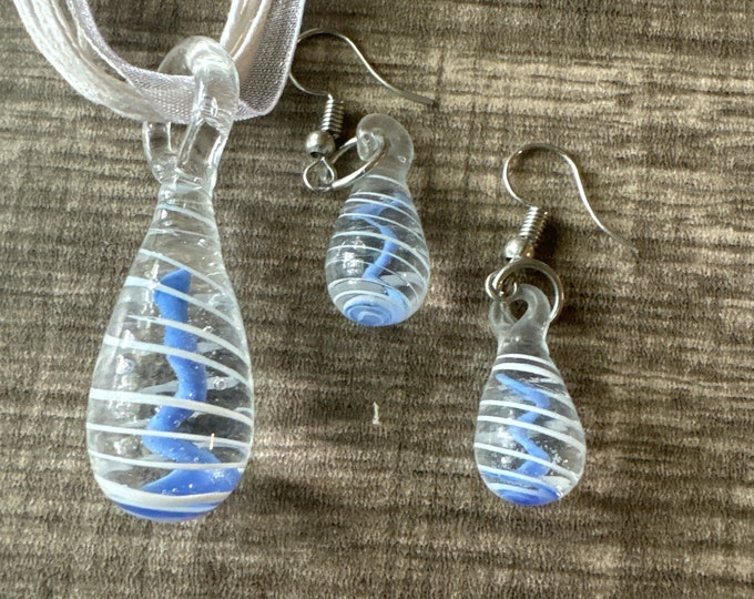 Blue/White Drop Pendant Set | Glass Dangle Pendant Necklace & Earring Set