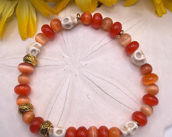 Howlite Skull Bracelet | Stretch Bracelet | Cats Eye Gemstone Bracelet