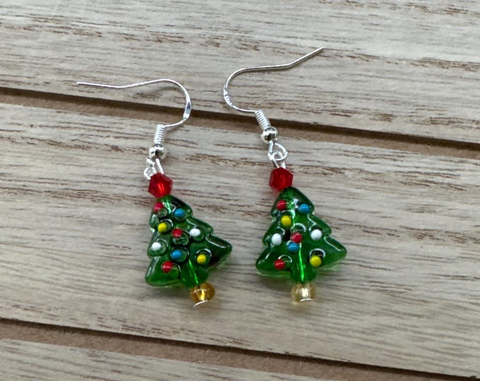 Christmas Tree Lampwork Glass Earrings