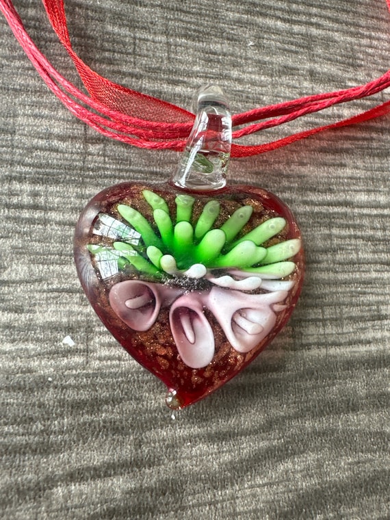 Red Heart w/Pink Flower Heart Pendant | Heart Pendant Necklace
