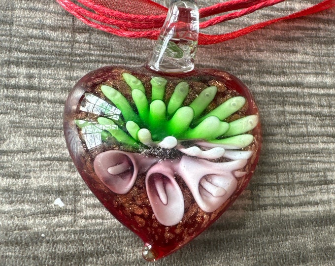Red Heart w/Pink Flower Heart Pendant | Heart Pendant Necklace