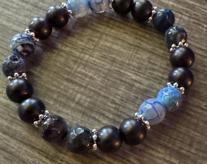 Dyed Agate Stretch Bracelet | Blue Agate Stretch Bracelet | Matte Black Pearl Bracelet