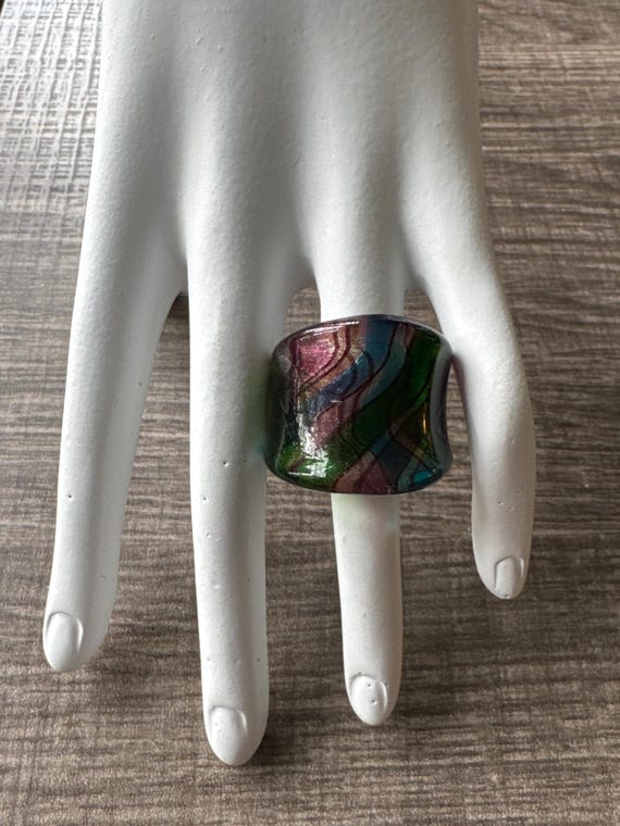 Green/Blue/Purple Striped Ring | Murano Glass RIng | LampWork Statement Ring / Size 8 3/4