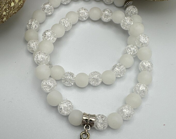 Snowflake Charm Bracelet: Double Strand Matte Glass & Crackle Quartzite