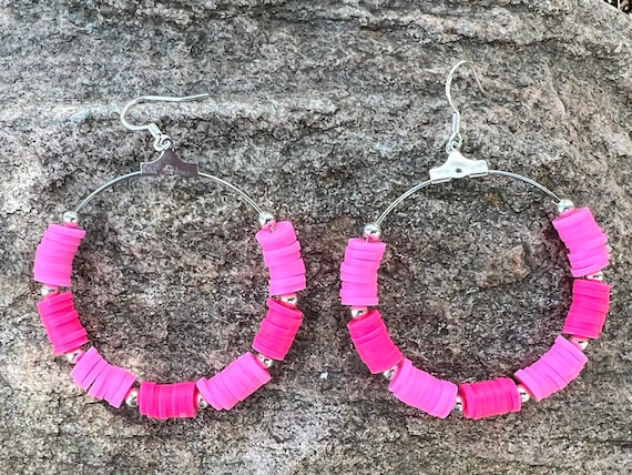 Pink Heishi Bead Hoop Earrings | Heishi Bead Earrings