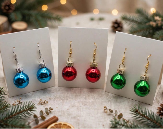 Christmas Ornament Ball Earrings – Bauble Dangle Earrings, Blue Red Green, Holiday Xmas Jewelry