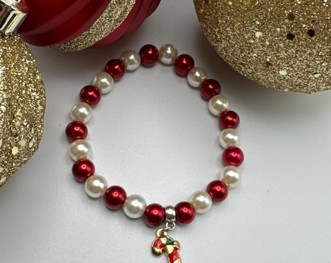 Pearl Bead Candy Cane Charm Bracelet